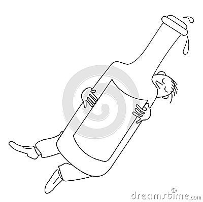 Alcoholism. Caricature of an alcoholic. Man falls asleep and falls in hug with bottle Vector Illustration