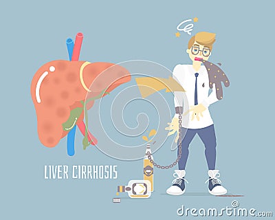 Alcoholism drunk man vomiting, having dizziness, holding bottle of alcohol, health care, alcoholic, liver cirrhosis concept Vector Illustration