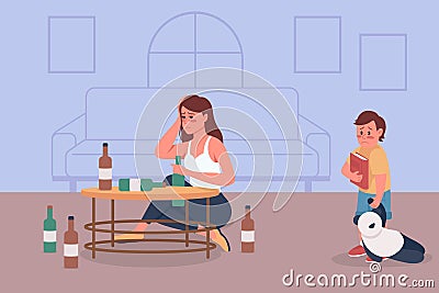 Alcoholism in family flat color vector illustration Vector Illustration