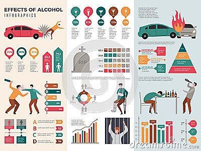Alcoholism infographics. Dangerous drunk driver alcoholic health vector template with graphics and charts Vector Illustration