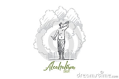 Alcoholism, man, drunk, bottle, alcoholic concept. Hand drawn isolated vector. Vector Illustration