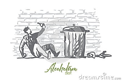 Alcoholism, man, drunk, bottle, tired concept. Hand drawn isolated vector. Vector Illustration