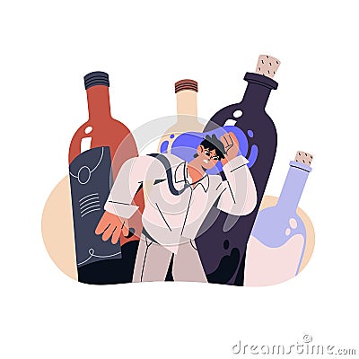 Alcoholism problems, addiction concept. Addicted drunk man suffers from hangover. Drinker is between wine bottles Vector Illustration