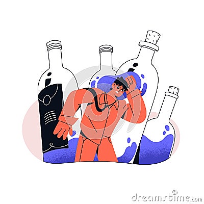 Alcoholism problems, addiction lineart concept. Addicted drunk man with hangover. Sad drunkard suffers from wine bottles Vector Illustration