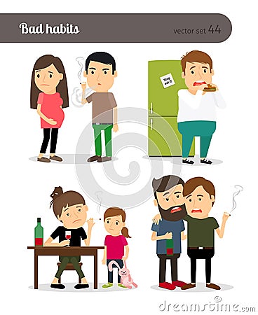 Alcoholism, smoking and gluttony Vector Illustration