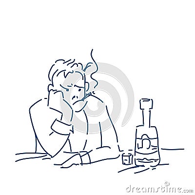 Alcoholism stressed businessman smoking drinking alcohol business failure and unemployment problem concept sketch doodle Vector Illustration