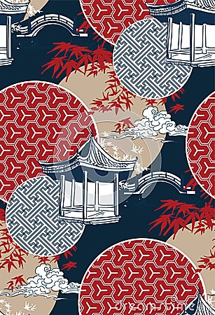 Alcove bridge maple circles japanese chinese vector design pattern blue red Stock Photo