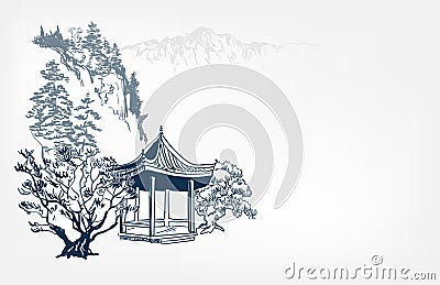Alcove view landscape card vector sketch illustration japanese chinese oriental line art Cartoon Illustration