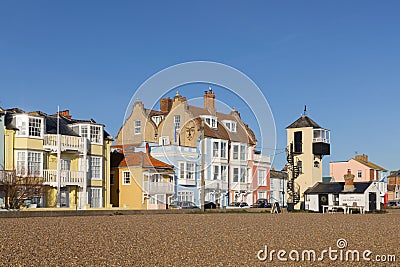 View of the colourful buildings on the seafront in Aldeburgh. UK Editorial Stock Photo