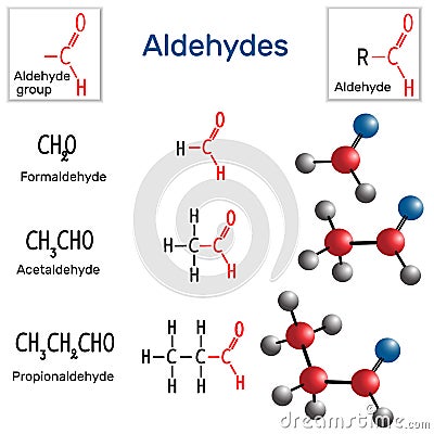 Aldehydes. Chemical formula and molecule model formaldehyde, ace Cartoon Illustration