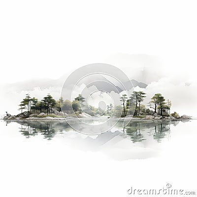 Alder Trees In The Clouds: Hyper-realistic Water Illustration Cartoon Illustration