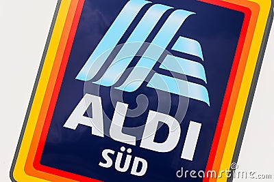 Aldi SÃ¼d logo sign on a supermarket branch discount shop discounter store in Stuttgart, Germany Editorial Stock Photo