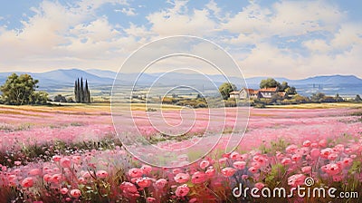 Nostalgic Charm: Painting A Pink Field In The Style Of Tuscan Artist Martin Villiers Stock Photo