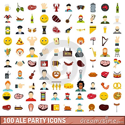 100 ale party icons set, flat style Vector Illustration