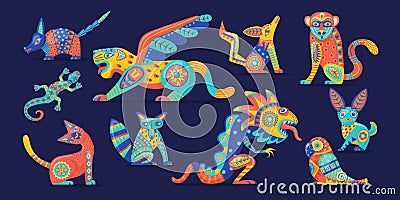 Alebrije. Traditional mexican folklore isolated creatures sculptures bird ornament feathers budgerigar parrot armadillo Vector Illustration