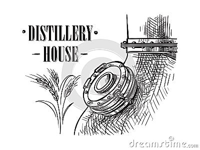 Alembic still for making alcohol inside distillery sketch Vector Illustration