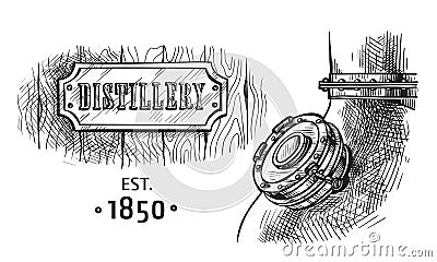 Alembic still for making alcohol inside distillery sketch Vector Illustration