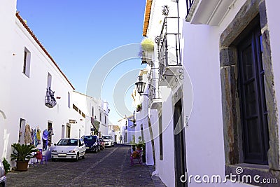 Alentejo Quaint Shopping Street, Bright White Buildings, Travel South of Portugal Editorial Stock Photo
