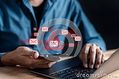 Alert Email inbox and spam virus with warning caution for notification on internet letter security protect, junk and trash mail Stock Photo