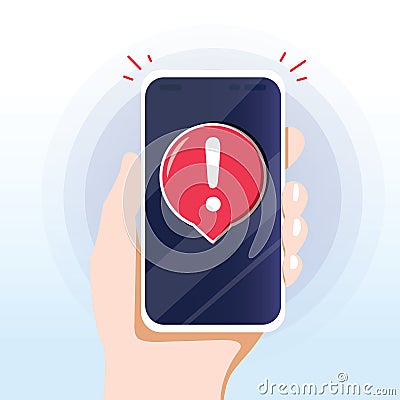 Alert message mobile notification. Danger error alerts, smartphone virus problem or insecure messaging spam problems Vector Illustration