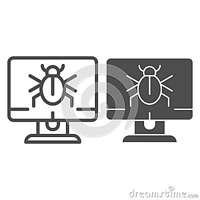 Alert notification on desktop line and glyph icon. Infected computer vector illustration isolated on white. Computer bug Vector Illustration