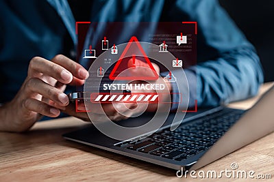 Alert System hacked popup on screen, spam virus with warning caution for notification on internet security protect, code and cyber Stock Photo