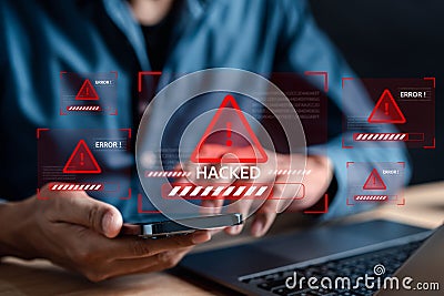 Alert System hacked popup on screen, spam virus with warning caution for notification on internet security protect, code and cyber Stock Photo