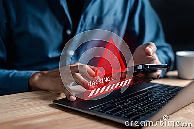 Alert System hacked popup on screen, spam virus with warning caution for notification on internet security protect, code and cyber Stock Photo