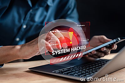 Alert System hacked popup on screen, spam virus with warning caution for notification on internet security protect, code and cyber Stock Photo