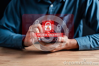 Alert System hacked popup on screen, spam virus with warning caution for notification on internet security protect, code and cyber Stock Photo
