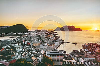 Alesund city in Norway sunset aerial view Stock Photo