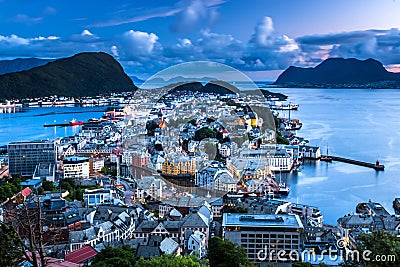 City Scene with Aerial View of Alesund Center during Blue Hour Stock Photo