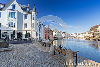 Alesund, Norway - April 13, 2018: Architecture of the Alesund town in Norway. Alesund is a town and municipality in west Norway Editorial Stock Photo