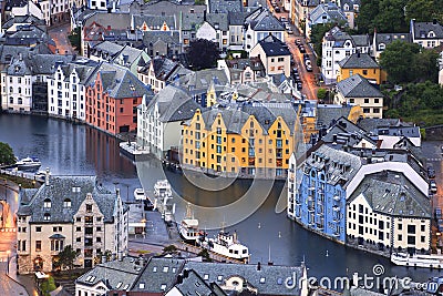 Alesund skyline architecture at dusk, in Norway Stock Photo