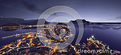 Alesund skyline panorama by night Editorial Stock Photo