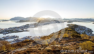 Alesund skyline panorama at sunrise Stock Photo