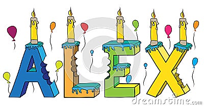 Alex male first name bitten colorful 3d lettering birthday cake with candles and balloons Vector Illustration