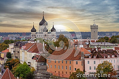 Alexander Nevsky cathedral and Long Herman tower on Toompea hill at sunset, Tallinn, Estonia Stock Photo
