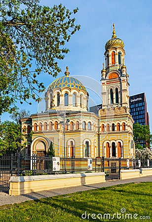 Alexander Nevsky Eastern Orthodox cathedral at Kilinskiego street in historic industrial city center of Lodz old town in Poland Editorial Stock Photo