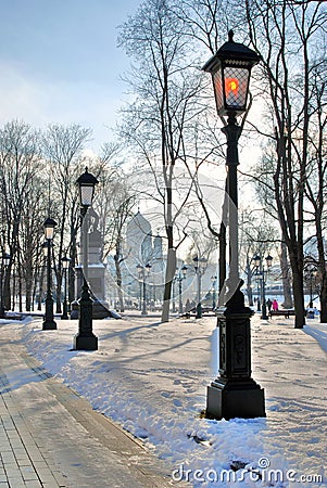 Alexanders garden and Christ Redeemer church in winter. Color photo. Stock Photo