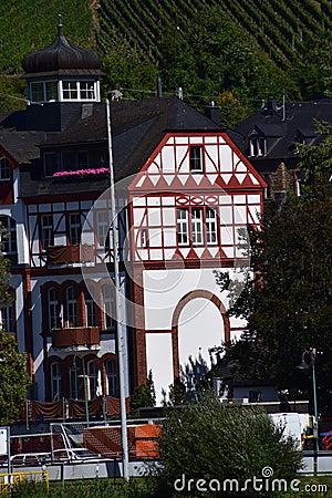 Bullay, Germany - 09 08 2020: half-timbered waterfront building Stock Photo