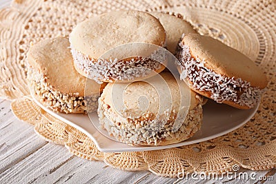 Alfajores freshly baked cookies closeup. horizontal Stock Photo