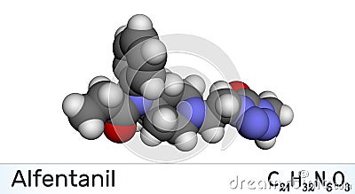 Alfentanil molecule. It is a potent short-acting synthetic opioid analgesic drug for anaesthesia in surgery. Molecule model Stock Photo