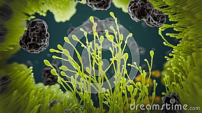 Algae under microscopic view with visible cells. Bright field illumination. Stock Photo