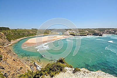 Algarve: Panoramic view to Praia de Odeceixe, Surfer beach and little village near Aljezur, Portugal Stock Photo