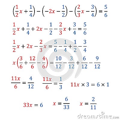 Algebraic equation with one variable simple fractions and mixed fractions Vector Illustration