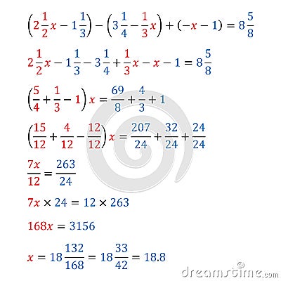 Algebraic equation with one variable simple fractions and mixed fractions equivalence equation Vector Illustration