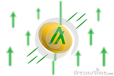 Algo coin up. Green arrow up with gaussian blur effect background. Algo market price soaring. Green chart rise up. Vector Illustration