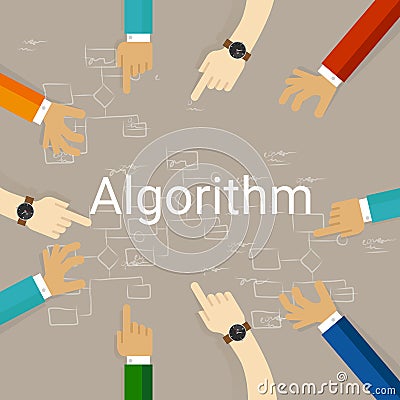 Algorithm problem solving flow chart hands working together as a team Vector Illustration