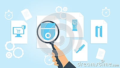 Algorithm, search, code file, document research vector illustration. Document with search icons. File and magnifying Vector Illustration